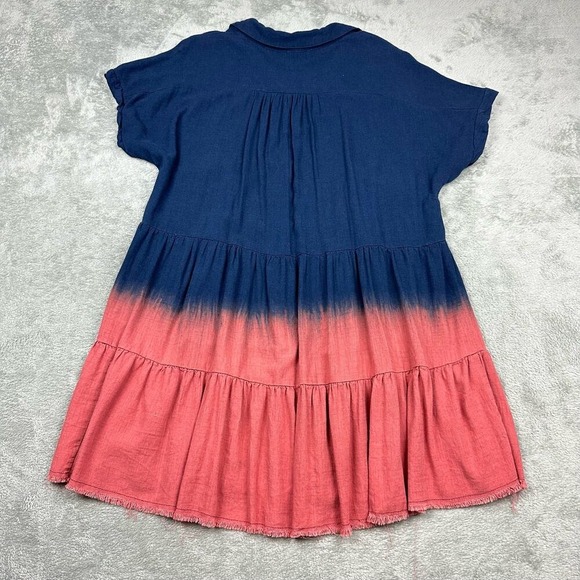 Umgee USA Ombre Tiered Dress Navy Coral Linen Blend Short Sleeve Collared Midi M - Picture 3 of 7
